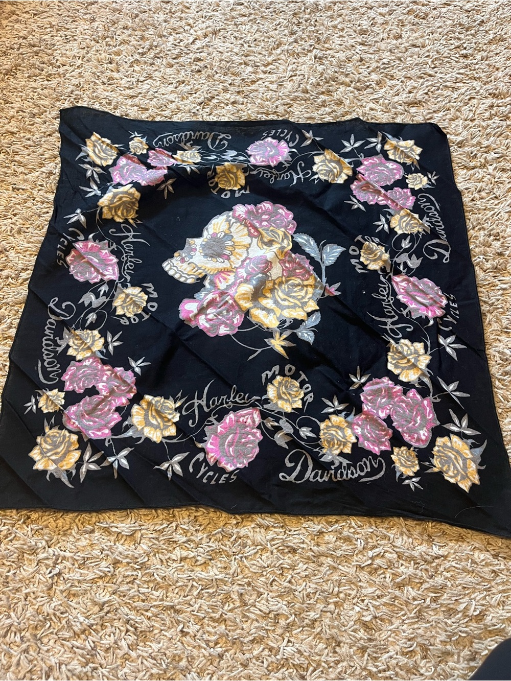 Harley-Davidson Black Bandana with Pink and Gold Floral Skulls